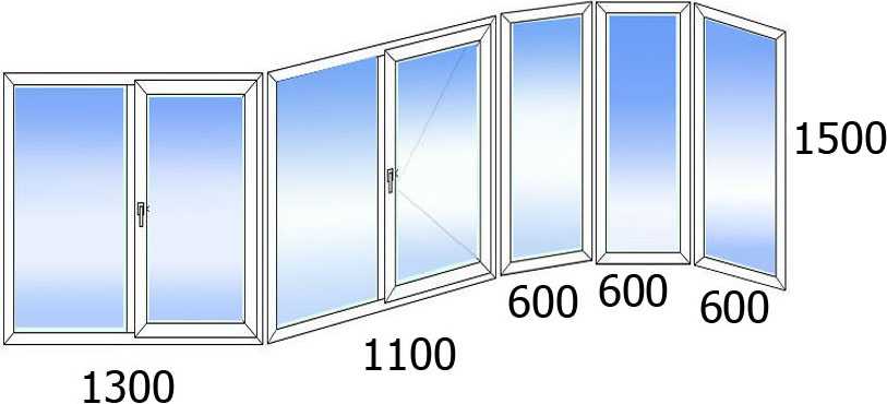 Остекление балконов размером 1300, 1100, 600, 600, 600 на 1500 ПВХ-профилем REHAU